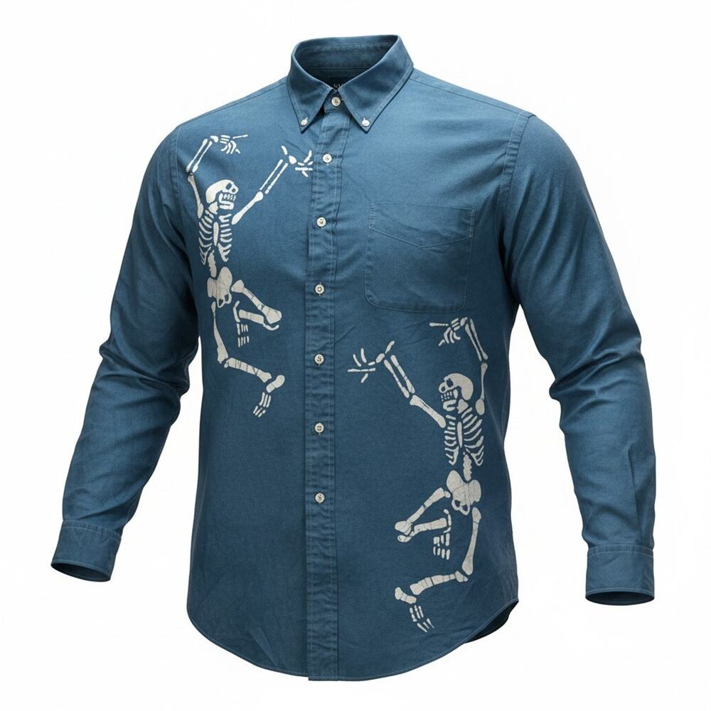 VTG Ralph Lauren Yarmouth Button Down Shirt Men XL/15.5 Blue Skeleton Skull RARE